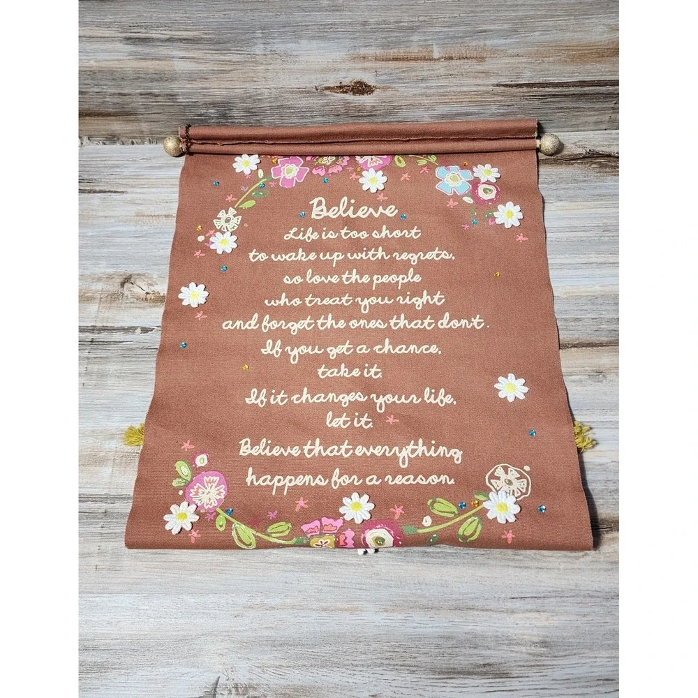 Natural Life Give Happy Believe Wall Hanging Canvas Scroll Floral Tassel 14x22